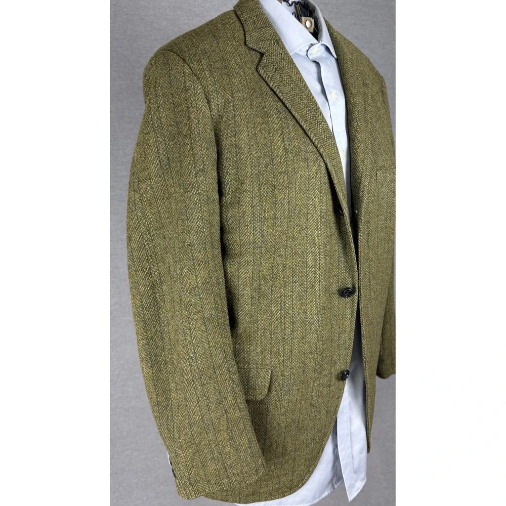 Vintage 60s Botany Future Executive Green Herringbone Wool Tweed Blazer 42R